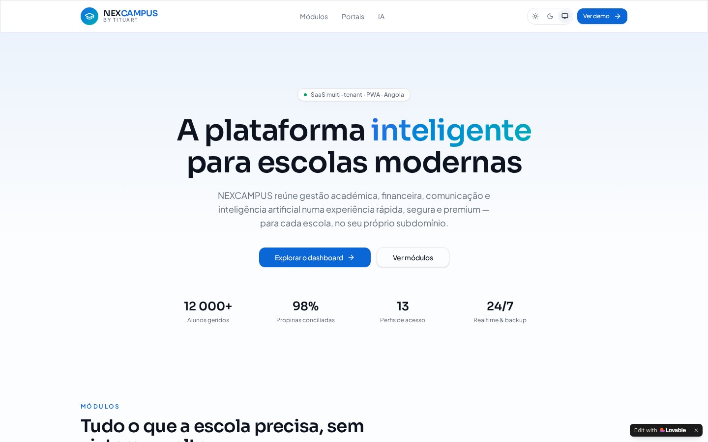 Painel do NexCampus com notas e assiduidade de alunos